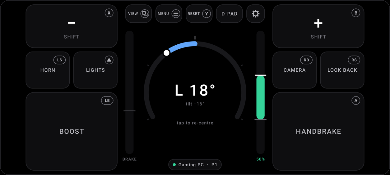 Wheel's drive screen: the steering dial at 18 degrees left with half gas, and the buttons around it, each marked with the Xbox button it presses.